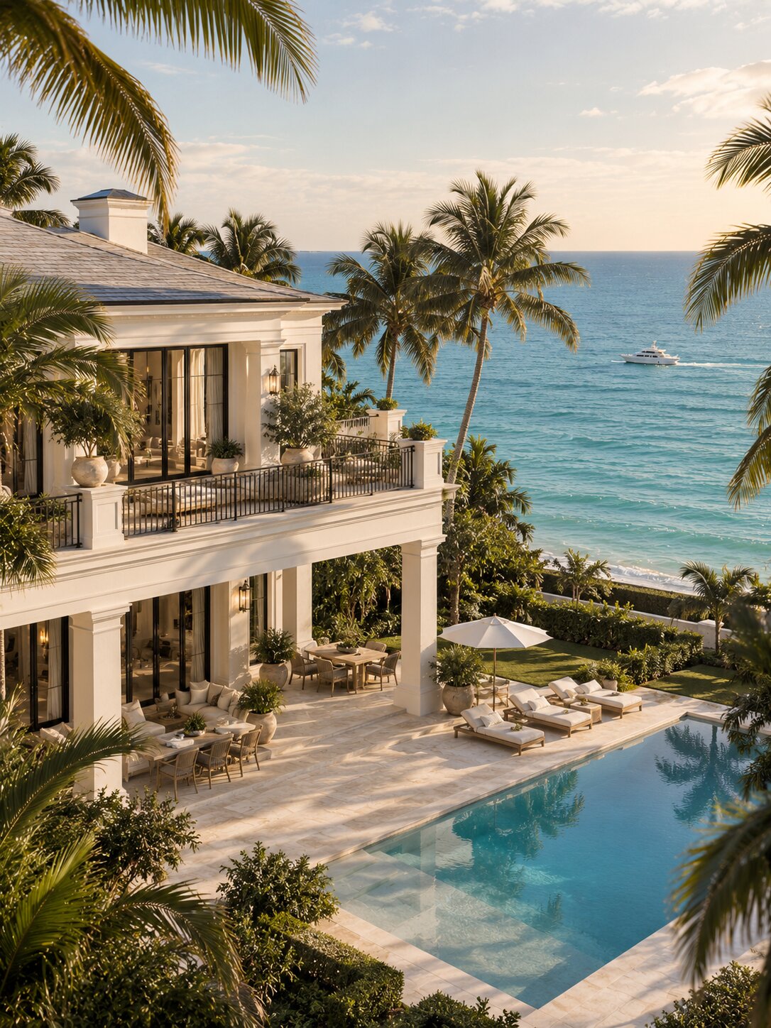 Luxury white painted coastal mansion in daylight with the ocean behind