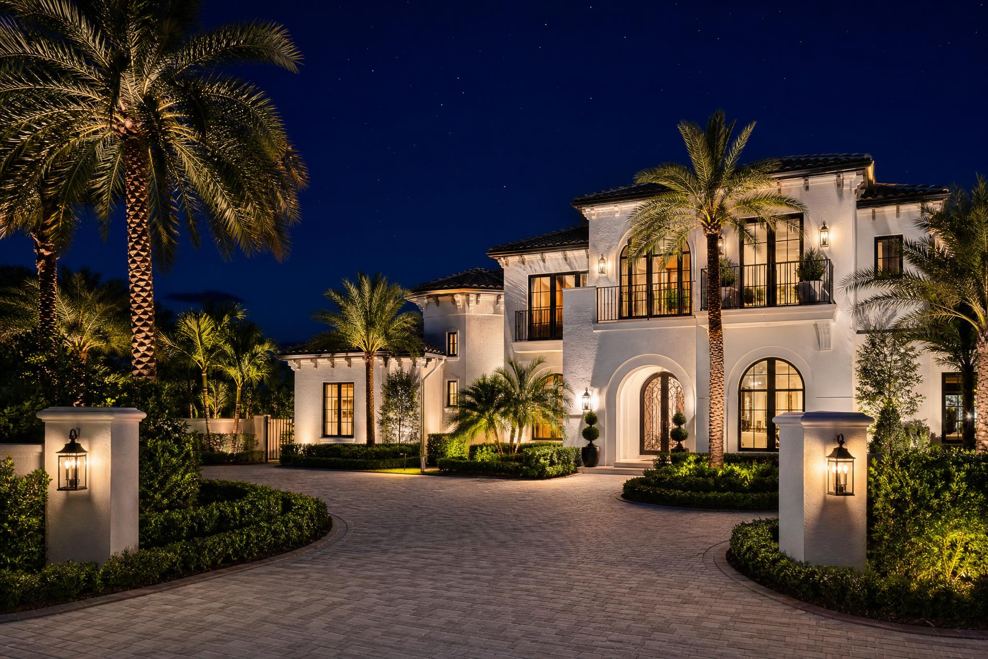 Luxury white painted estate illuminated at night
