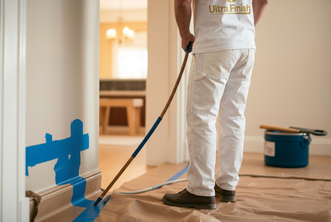 Painter masking baseboards and floors before a finish coat