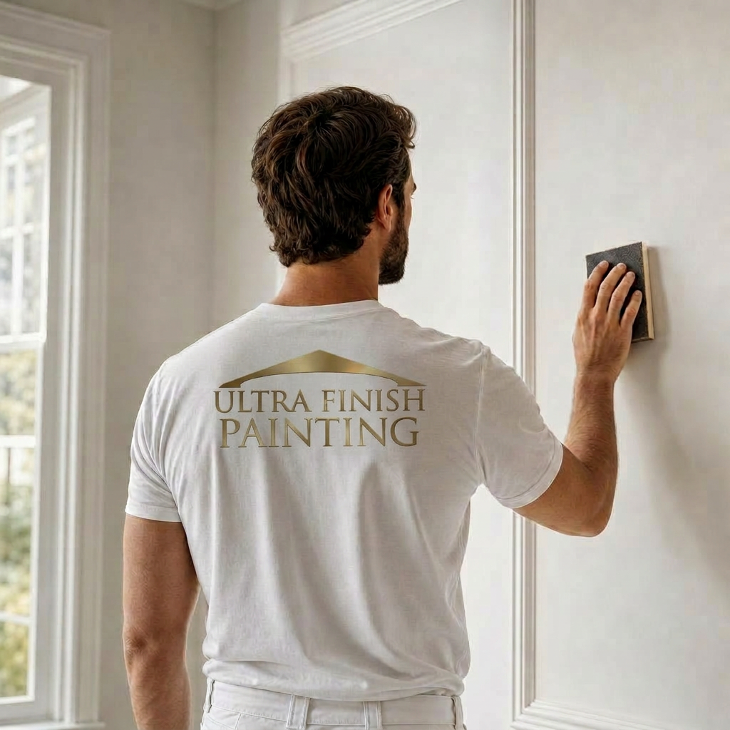 Painter sanding a primed wall by hand