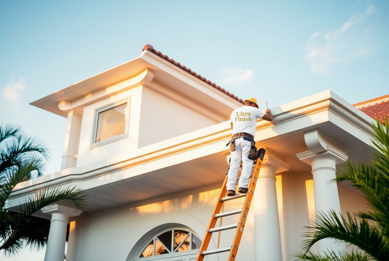 Painter finishing exterior soffits on a Mediterranean estate