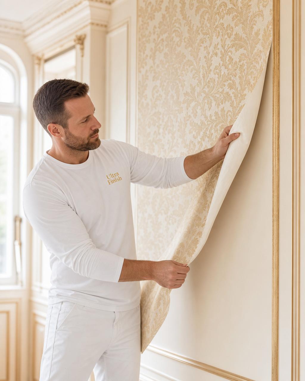 Technician removing wallpaper residue from a wall