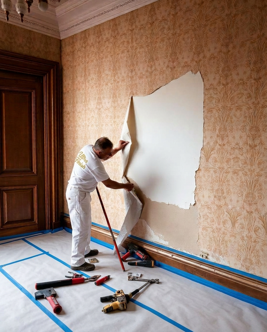 Technician removing wallpaper residue from a wall